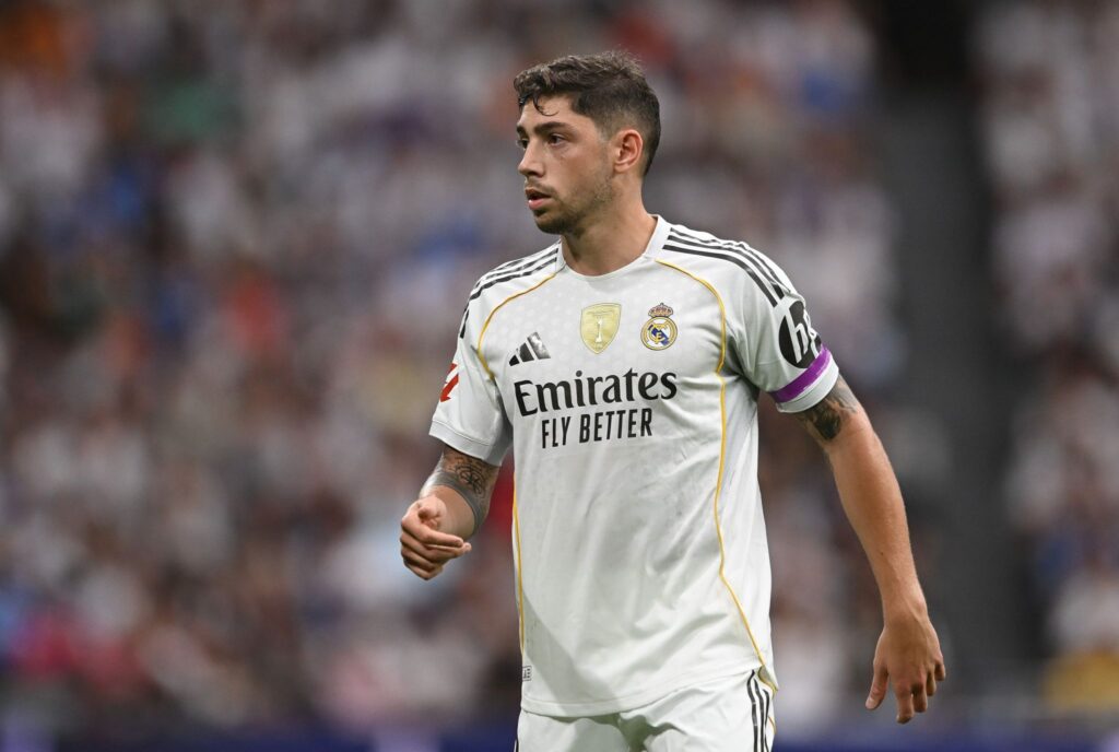Federico Valverde of Real Madrid looks on during the LaLiga EA Sports match between Real Madrid CF and RCD Espanyol. (Image via Denis Doyle/Getty Images)